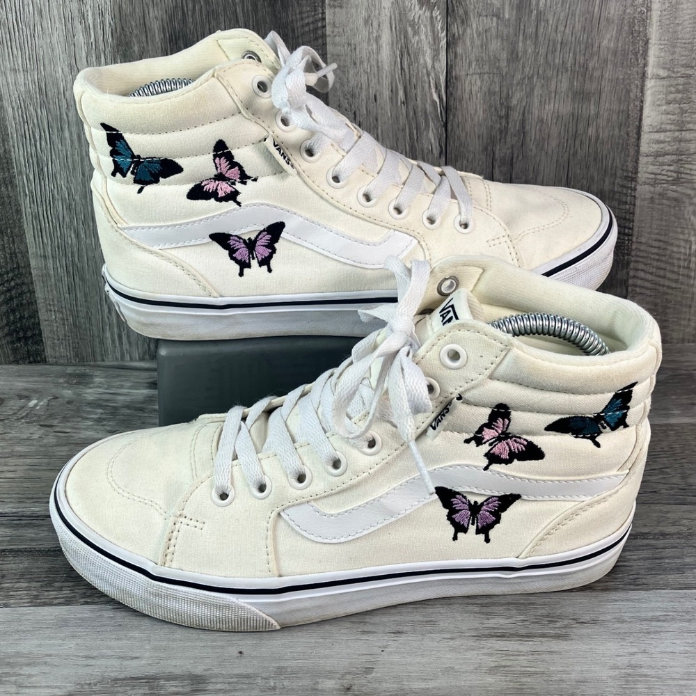 Vans Sk8-Hi Butterfly Embroidered High Top Sneakers Off White Womens 8 721356